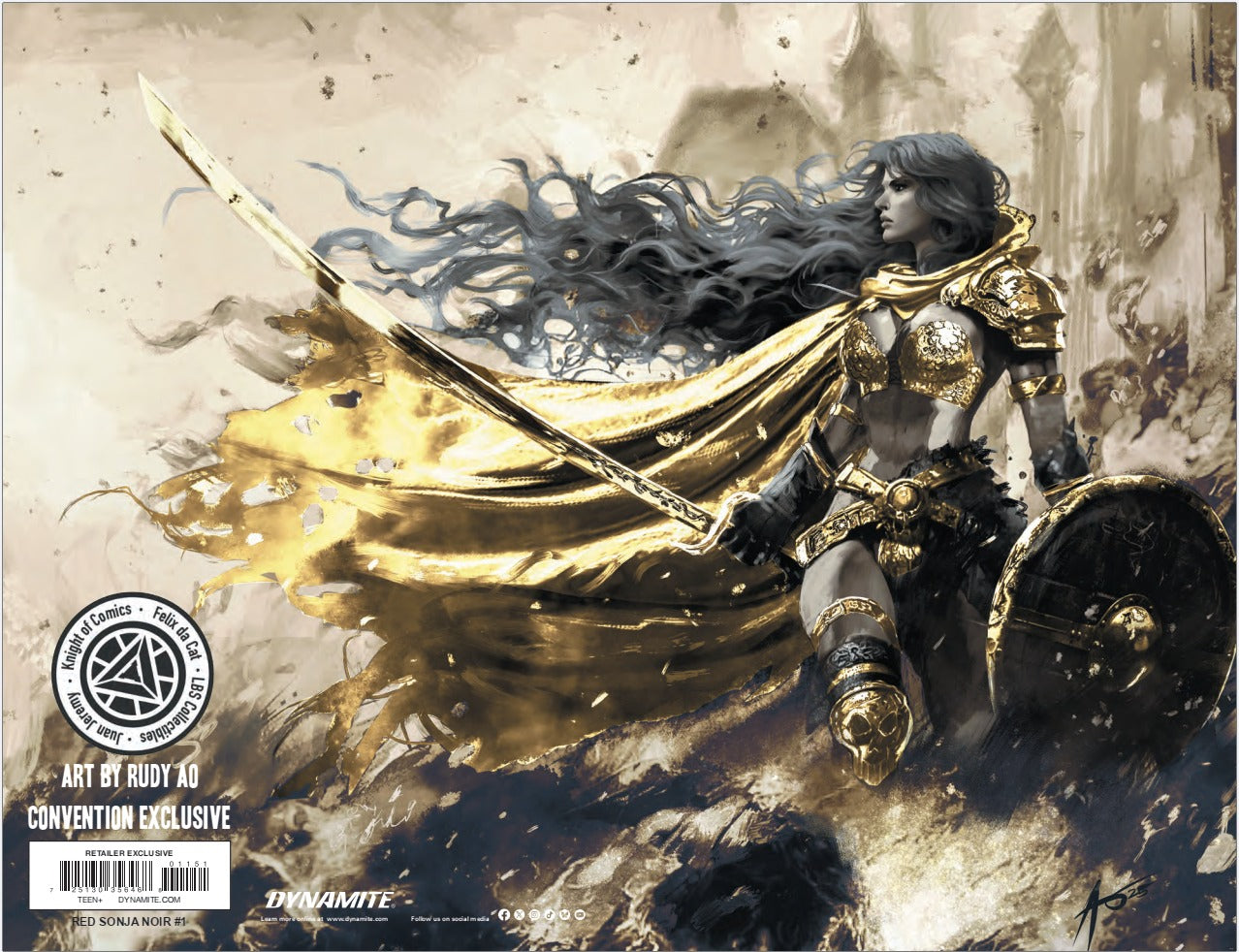 RED SONJA NOIR #1 RUDY AO EXCLUSIVE METAL GOLD VARIANT HEROESCON 2025 (LTD. 500) / COMES WITH CRYSTAL CLEAR BOARD